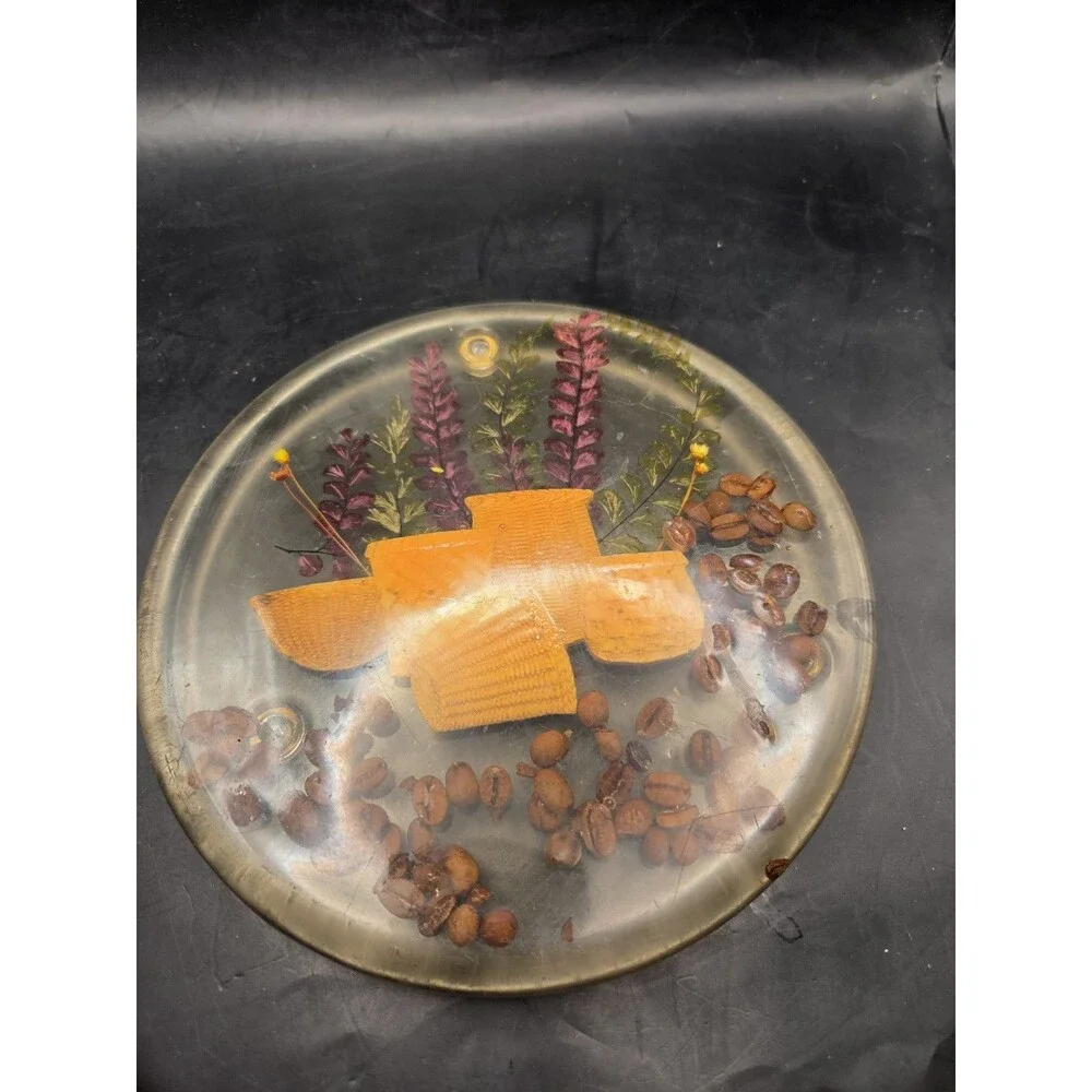 Vintage Glowing Lucite Trivet Hot Plate With Dried Botanicals